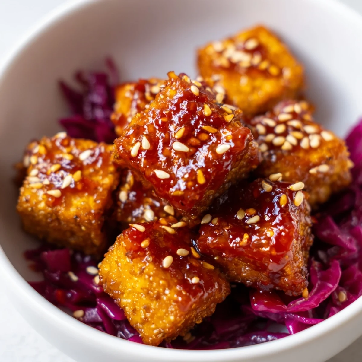 Crispy glazed tempeh cubes nestled over sesame cabbage in a vibrant vegan bowl