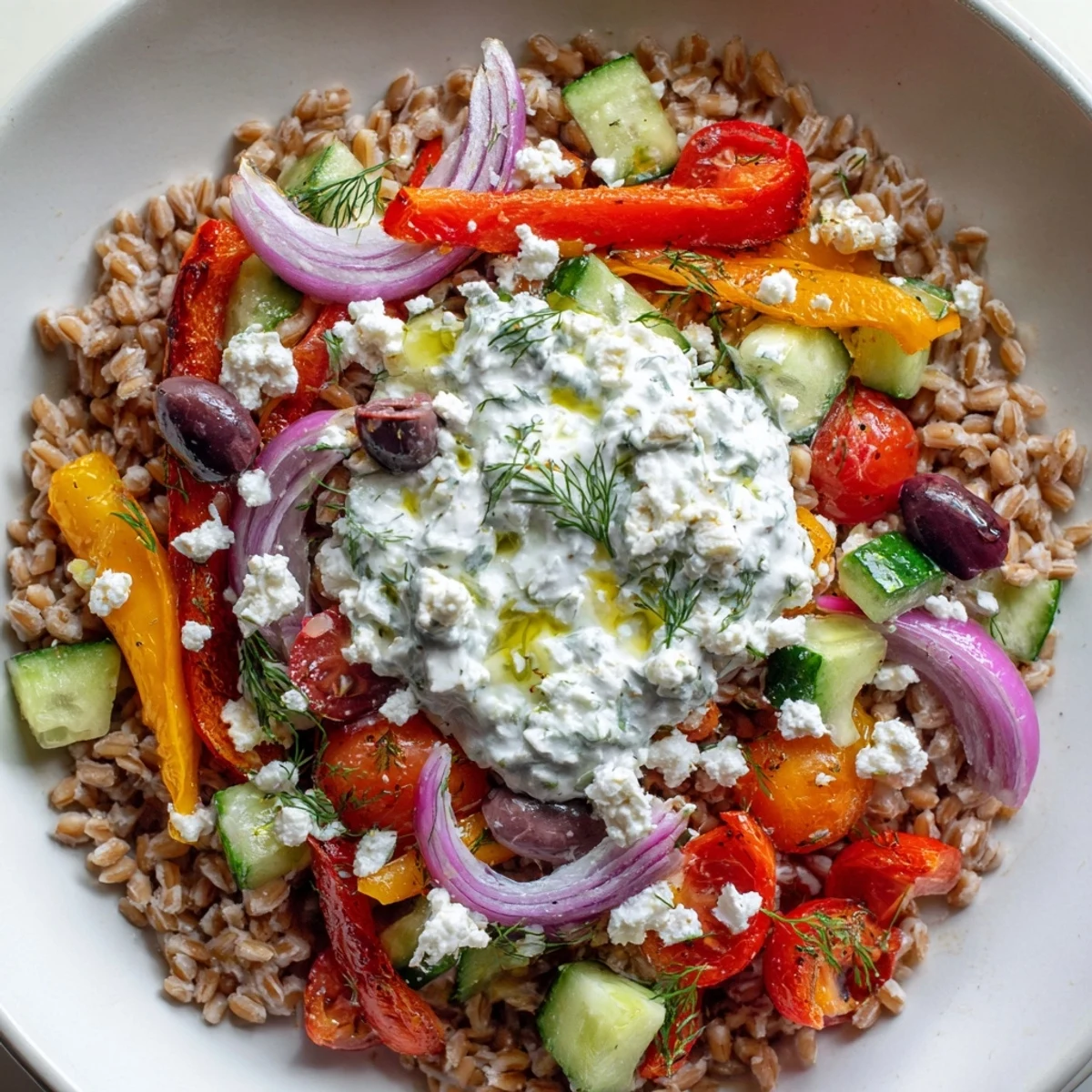 Mediterranean roasted pepper farro grain bowl drizzled with herb yogurt sauce