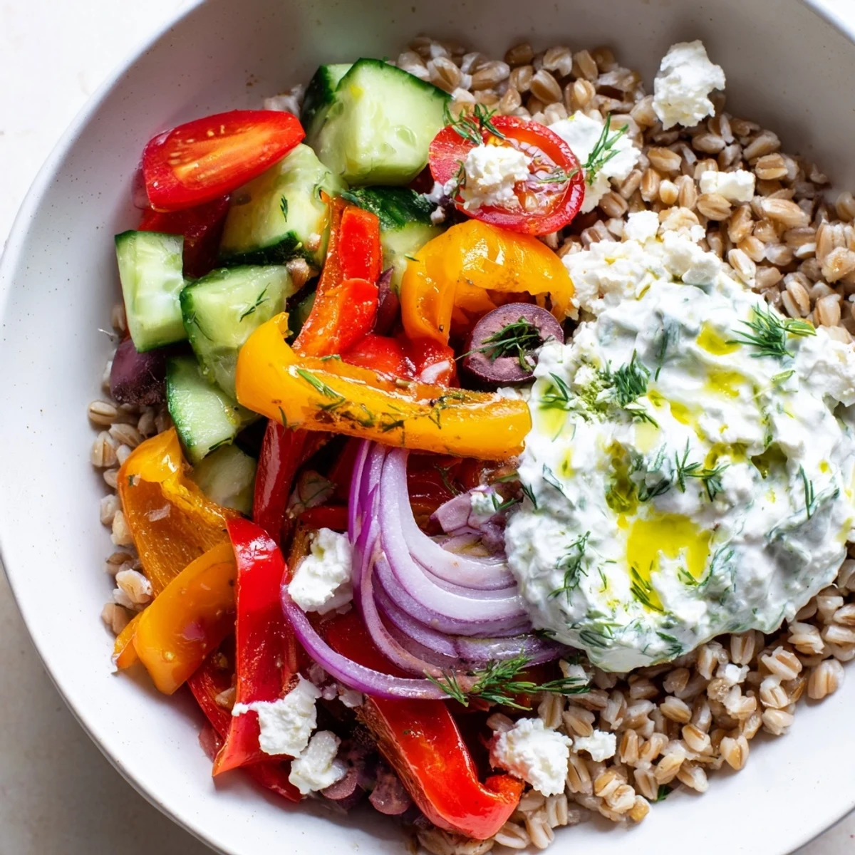 Colorful Mediterranean farro grain bowl topped with charred peppers and creamy herb yogurt