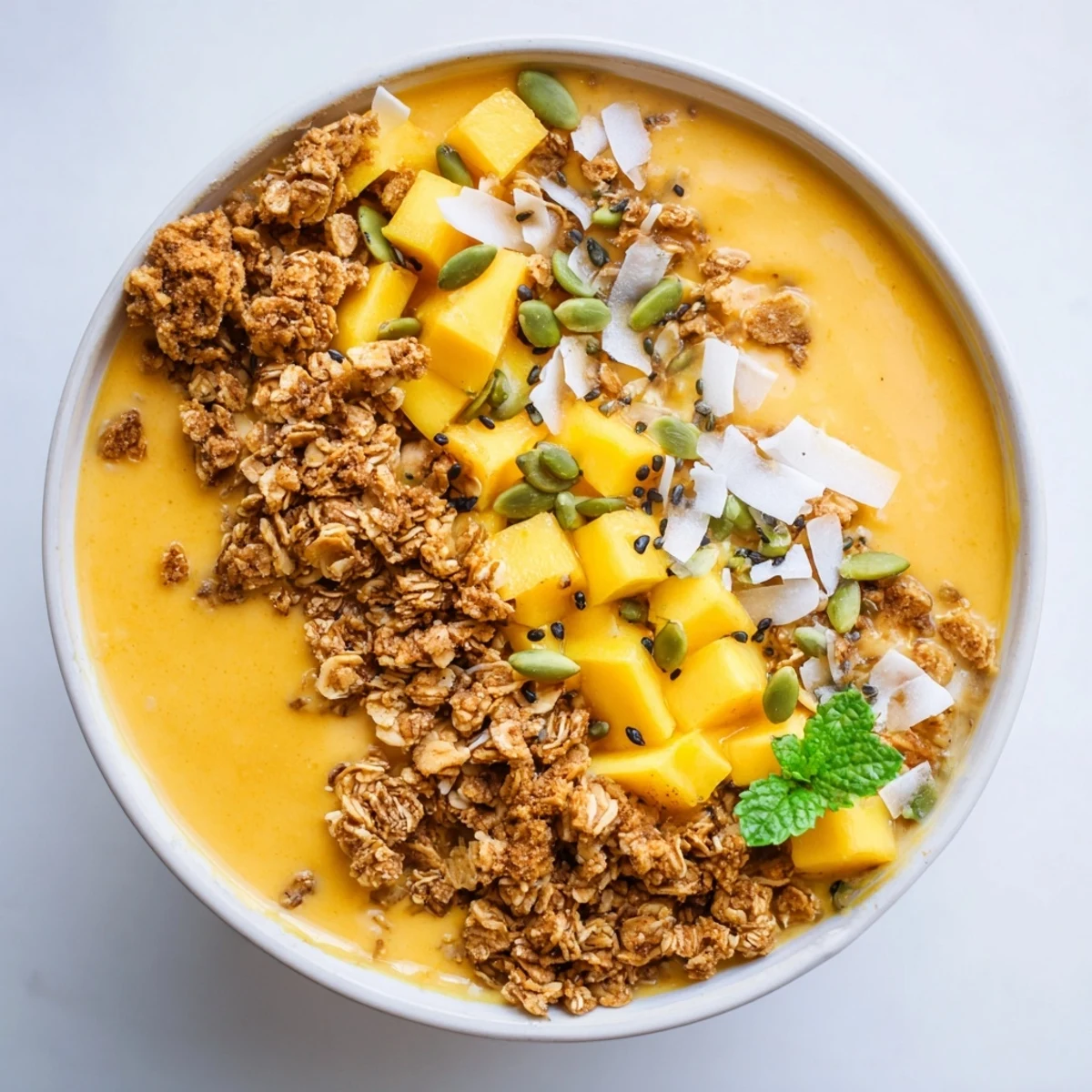 Bright mango coconut lime smoothie bowl topped with golden granola and fresh tropical fruit