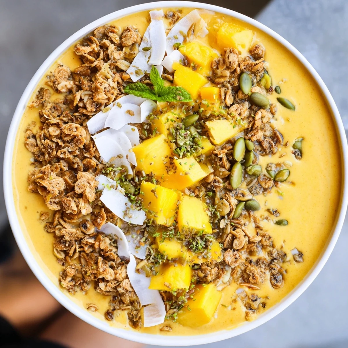 Creamy mango coconut lime smoothie bowl drizzled with crunchy granola in a sunny breakfast bowl