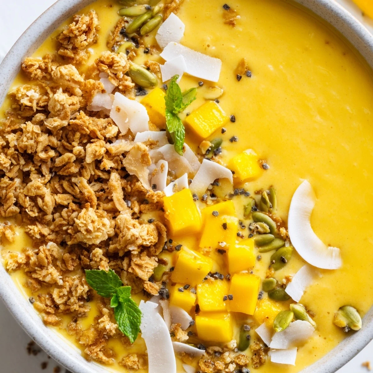Thick mango coconut lime smoothie bowl crowned with toasted coconut flakes chia seeds and granola