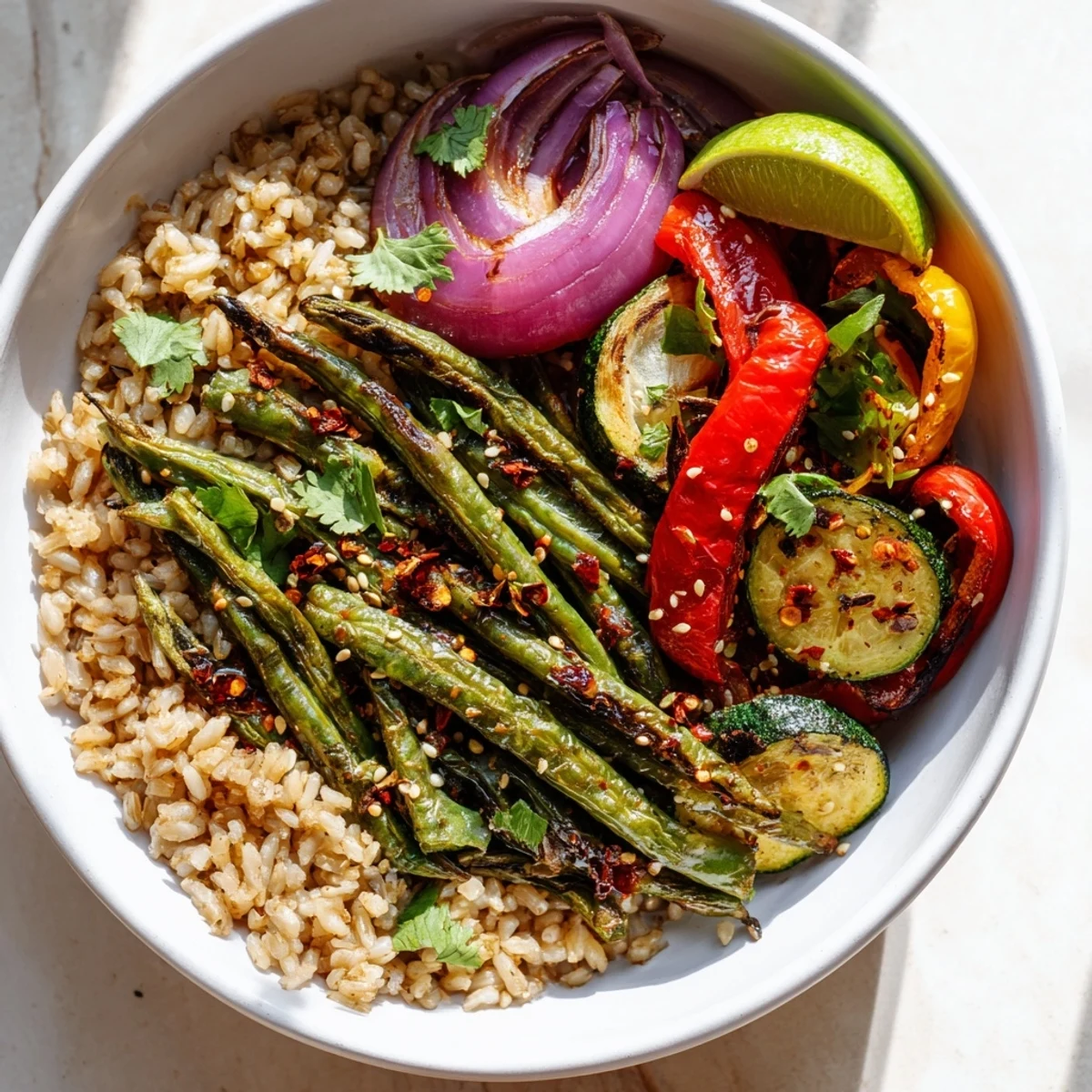 Spicy garlic roasted green bean veggie bowl with charred vegetables and sesame seeds