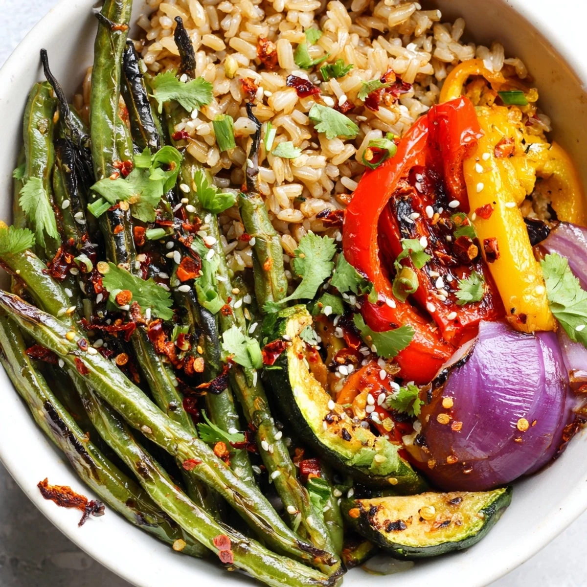 Golden roasted green beans tossed with garlic and chili flakes over fluffy quinoa