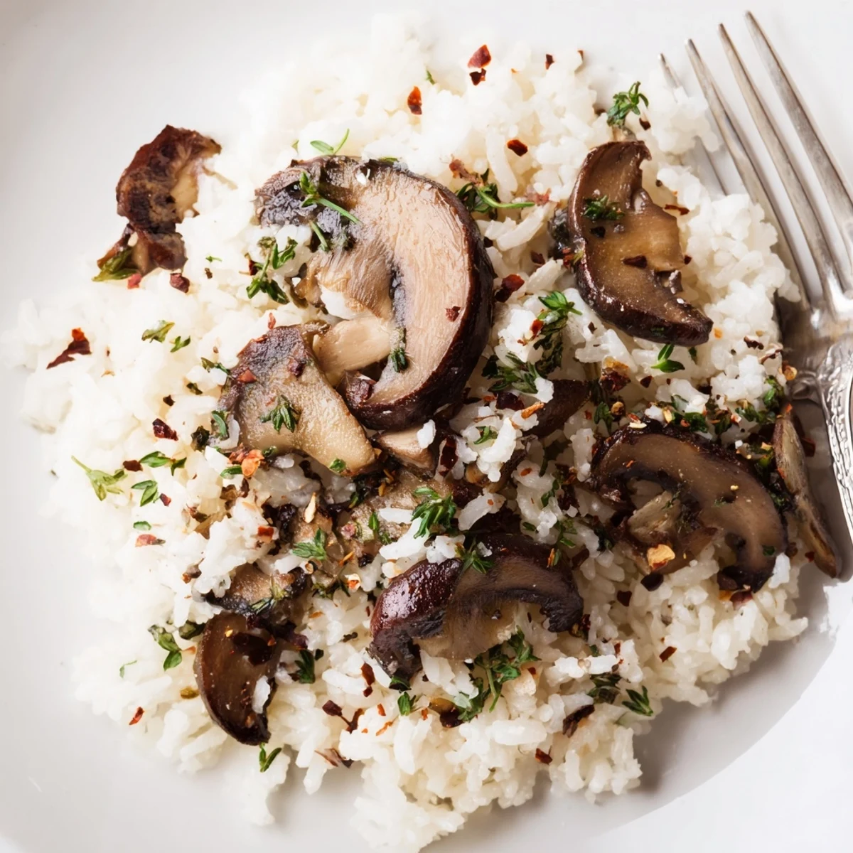 Steam rises from garlic herb jasmine rice with charred mushrooms and fresh thyme.