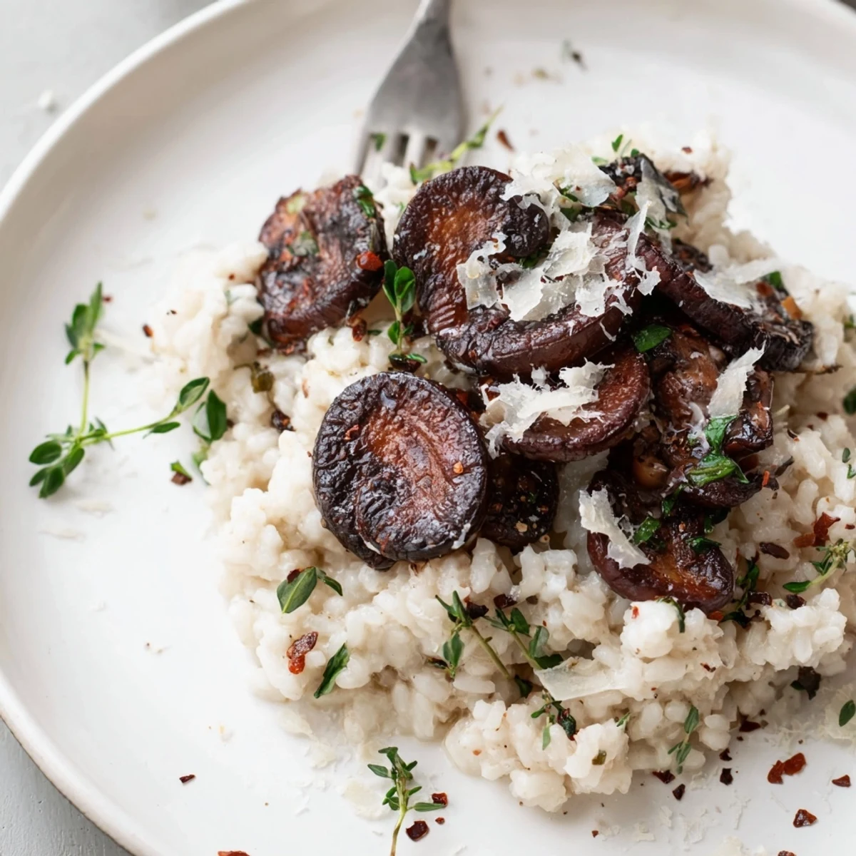 Fluffy garlic herb jasmine rice with charred mushrooms in a white serving bowl.