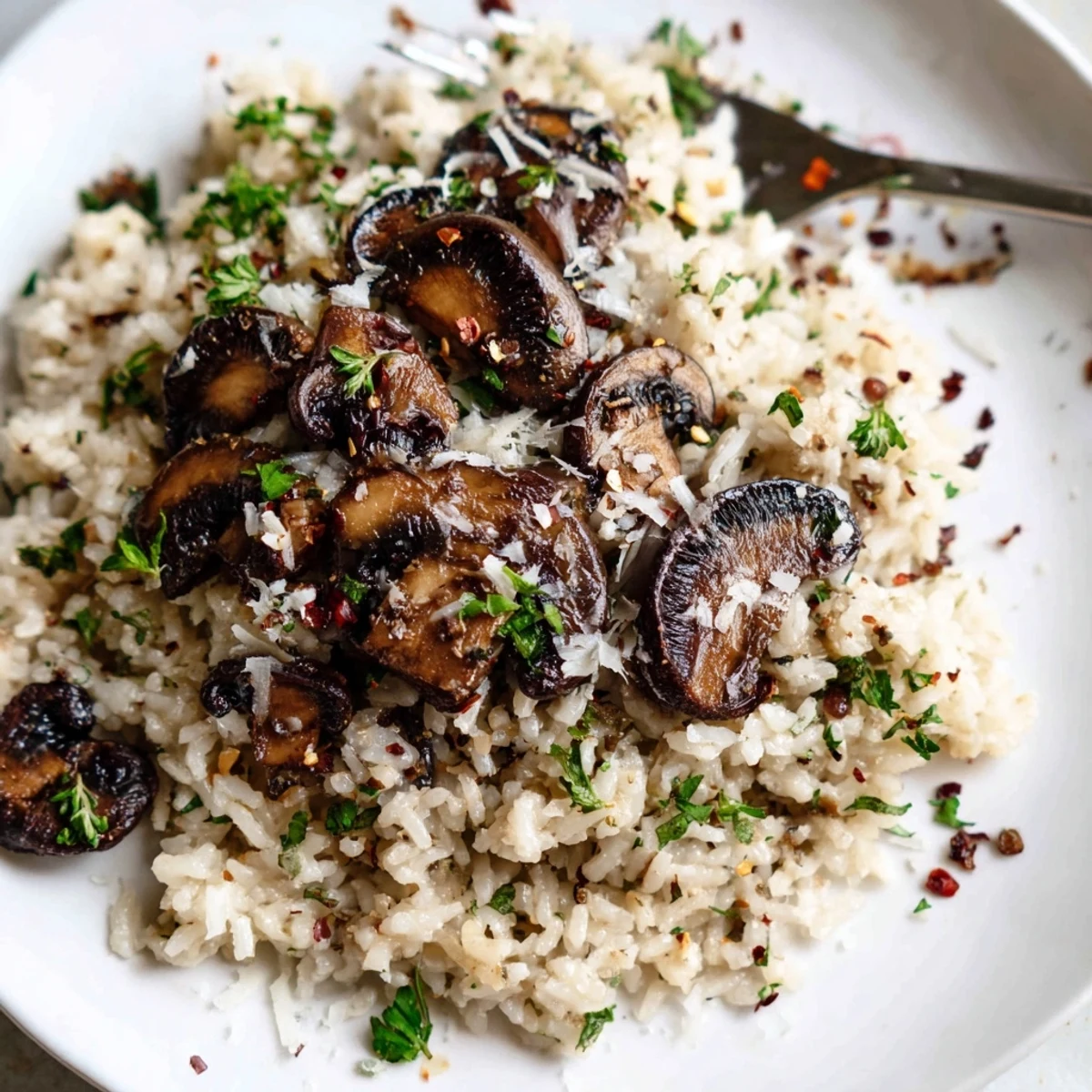 Hearty garlic herb jasmine rice with charred mushrooms sprinkled with grated parmesan cheese.