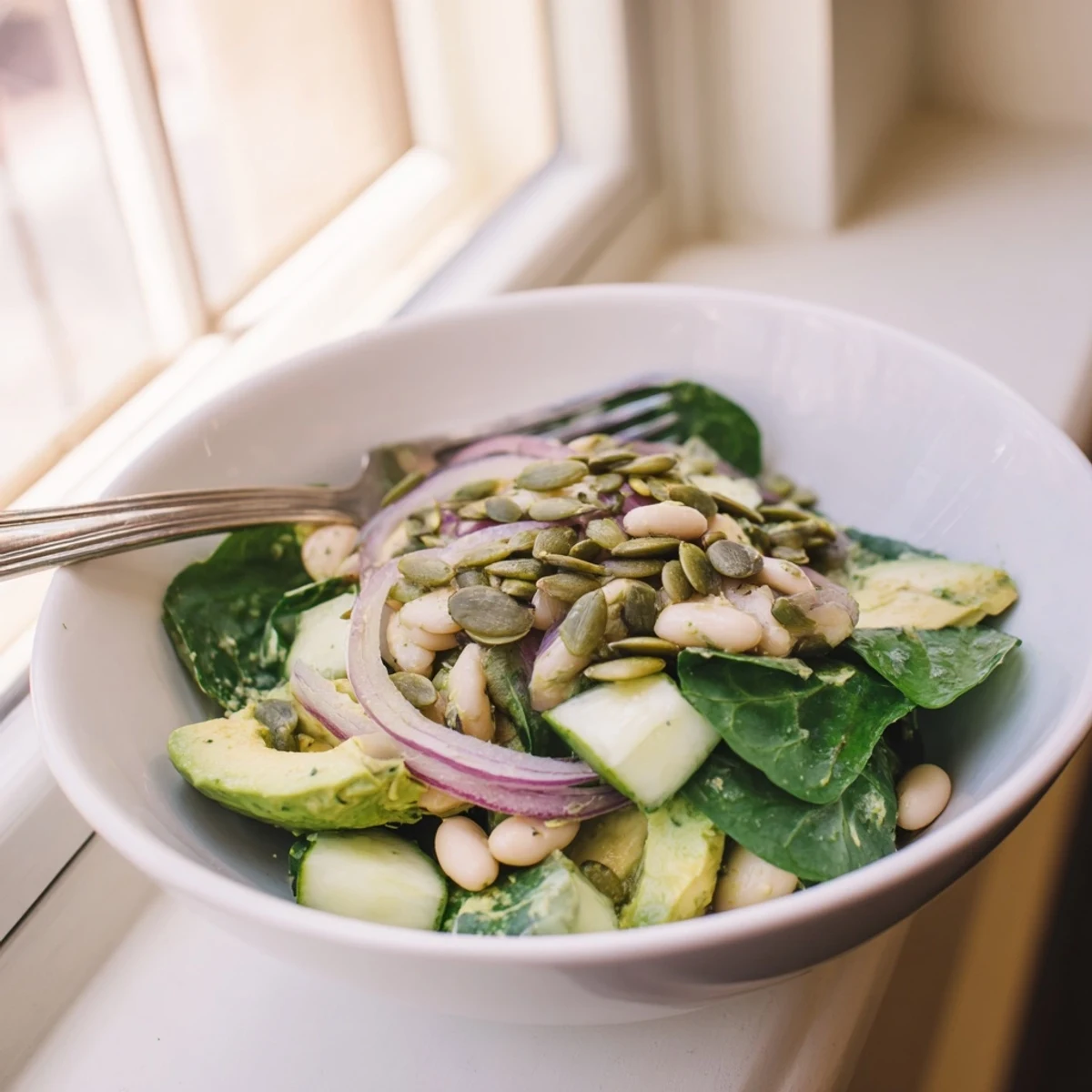 Vibrant vegetarian salad bowl featuring white beans and avocado in a tangy dill dressing garnished with red onions and pepitas.