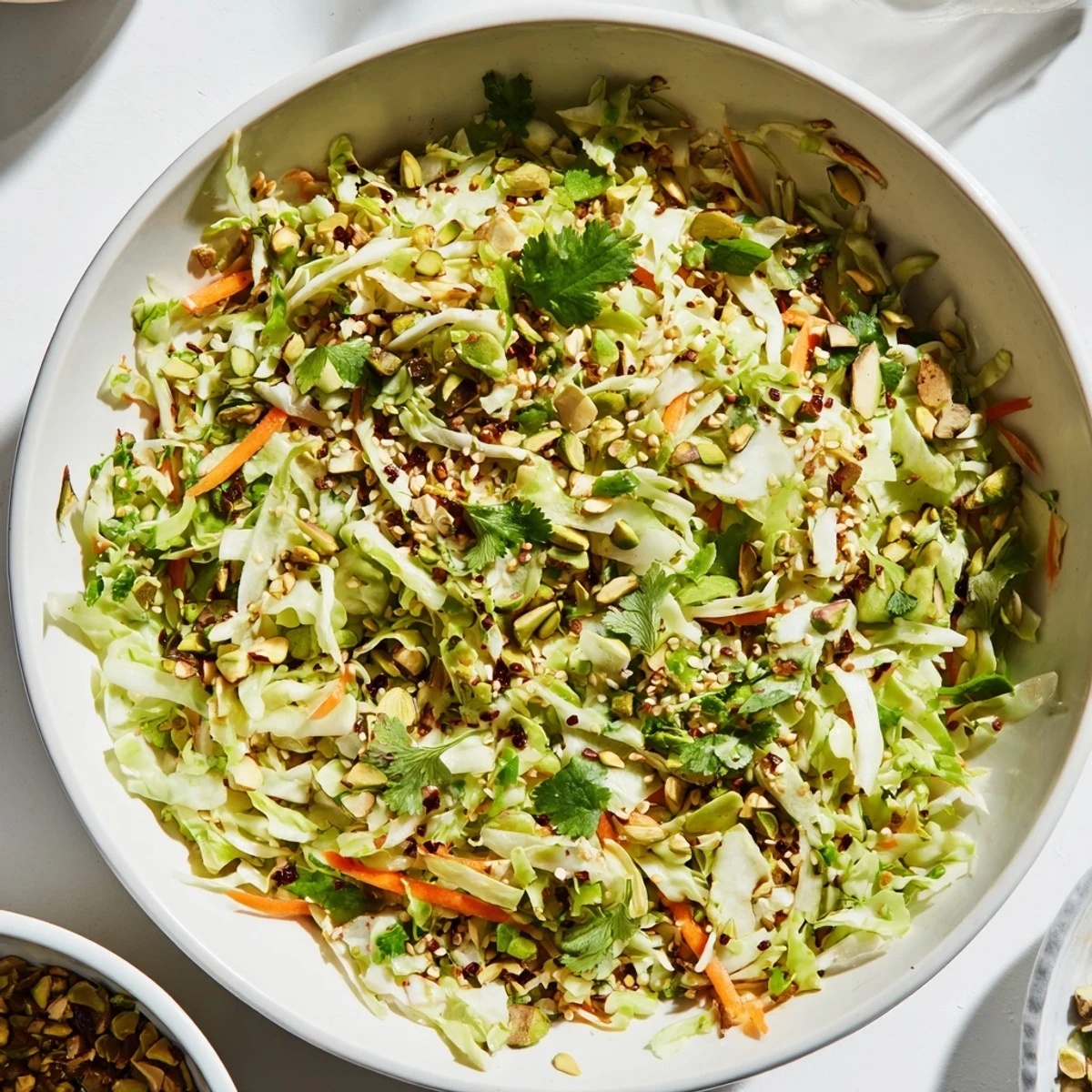 Closeup of colorful cabbage carrot pistachio salad bowl with creamy sesame dressing garnished with seeds