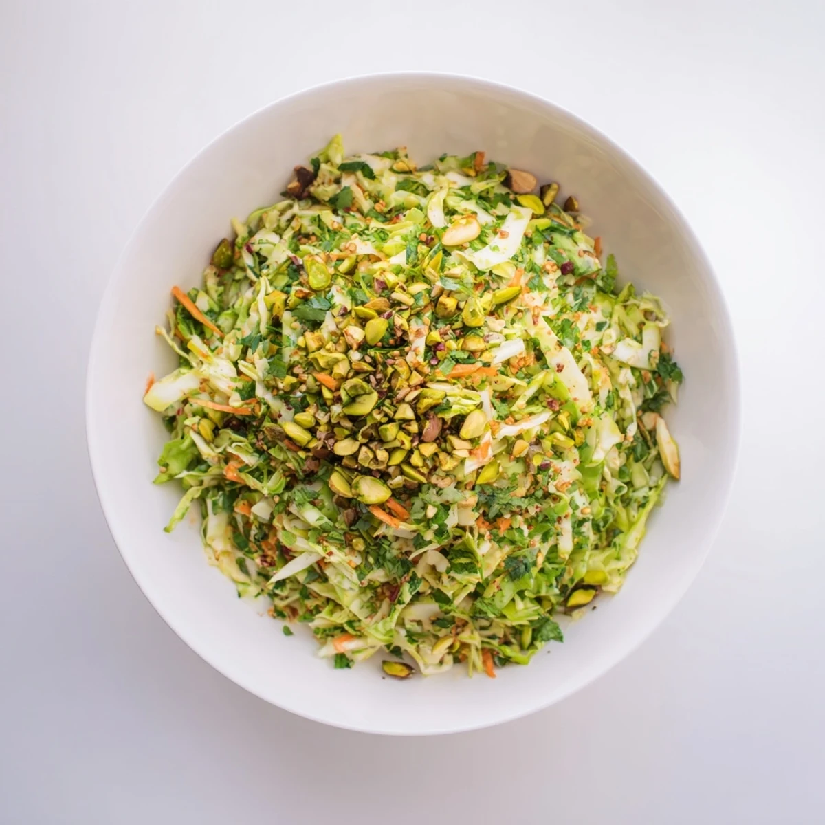 Crunchy vegetarian salad featuring cabbage carrots pistachios and sesame dressing served in a white bowl