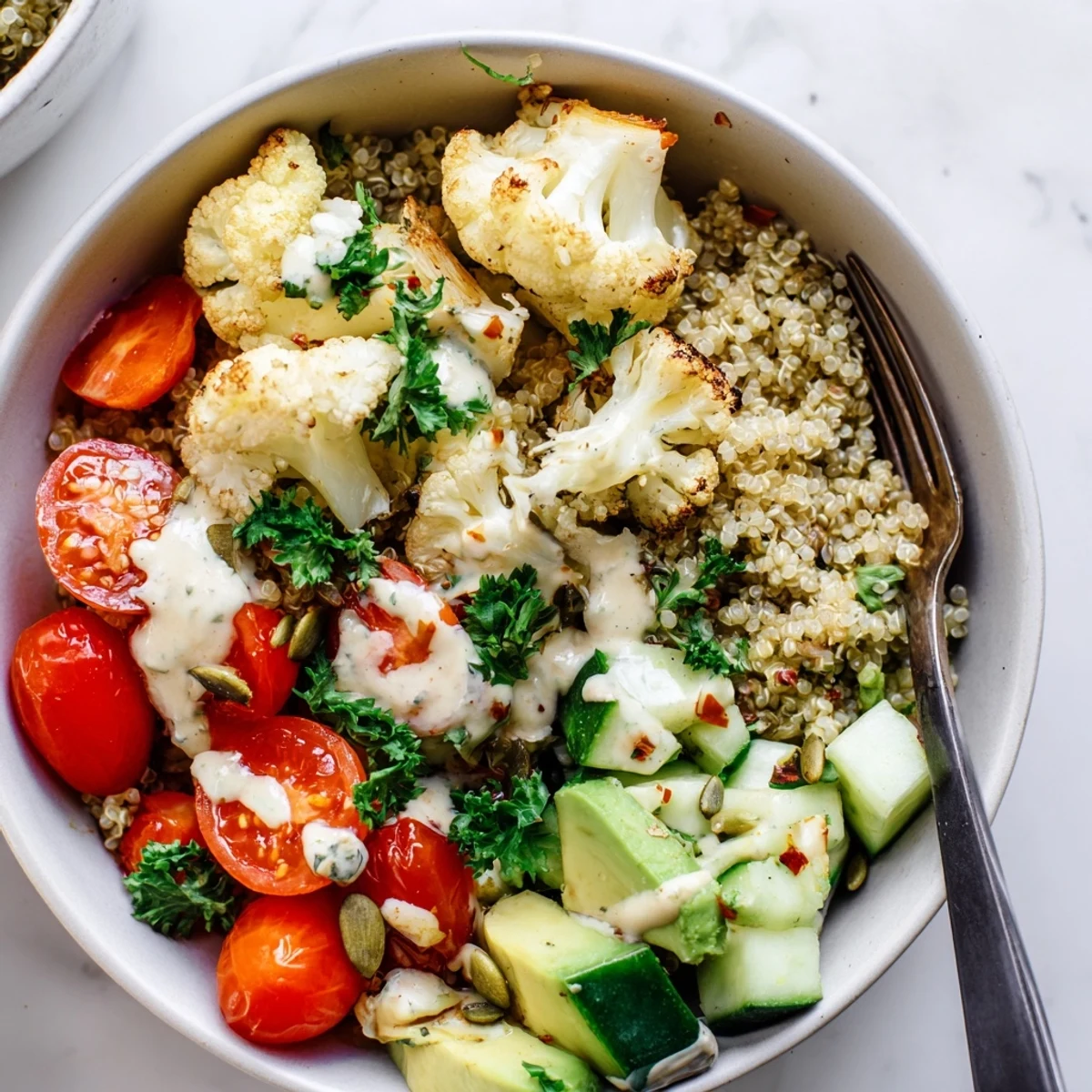 Golden roasted cauliflower and fluffy quinoa grain bowl drizzled with creamy lemon tahini dressing
