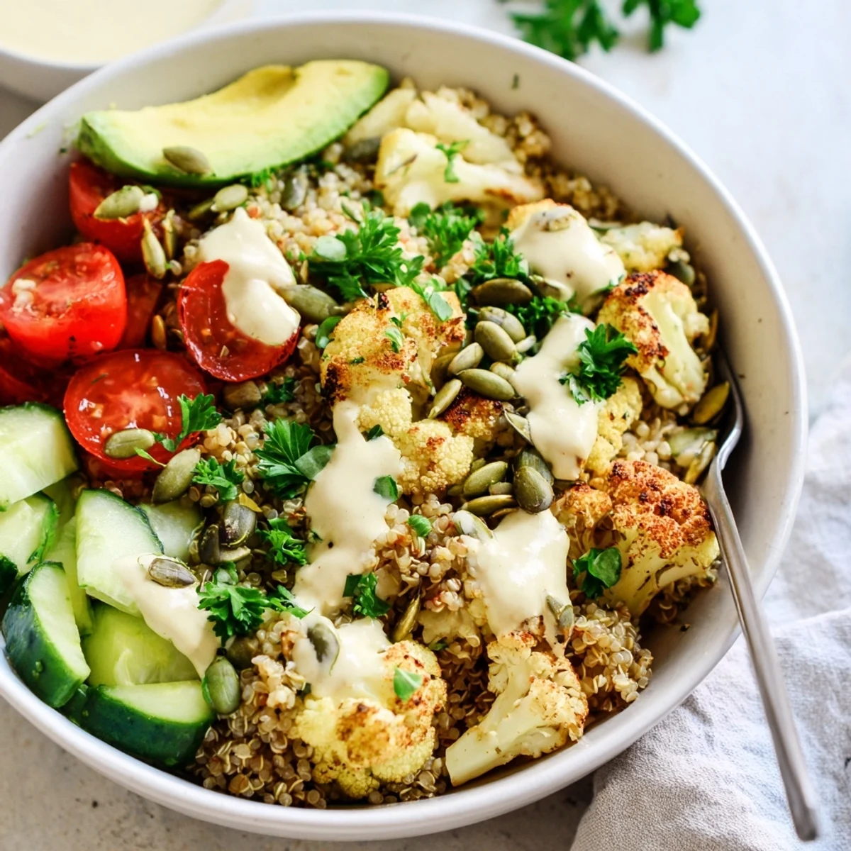 Vibrant vegan bowl featuring roasted cauliflower garlic quinoa topped with fresh avocado and tomatoes