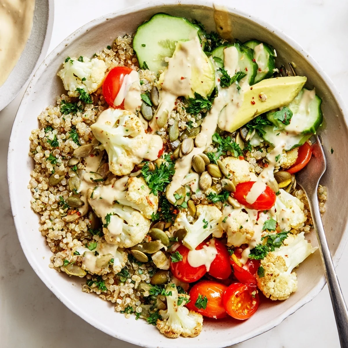 Mediterranean-inspired roasted cauliflower garlic quinoa grain bowl served with lemon tahini and crisp cucumber