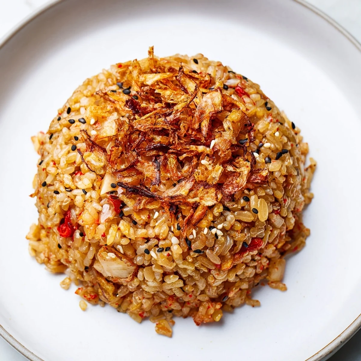 Vibrant Kimchi Garlic Fried Rice topped with golden crispy shallots and sesame seeds.