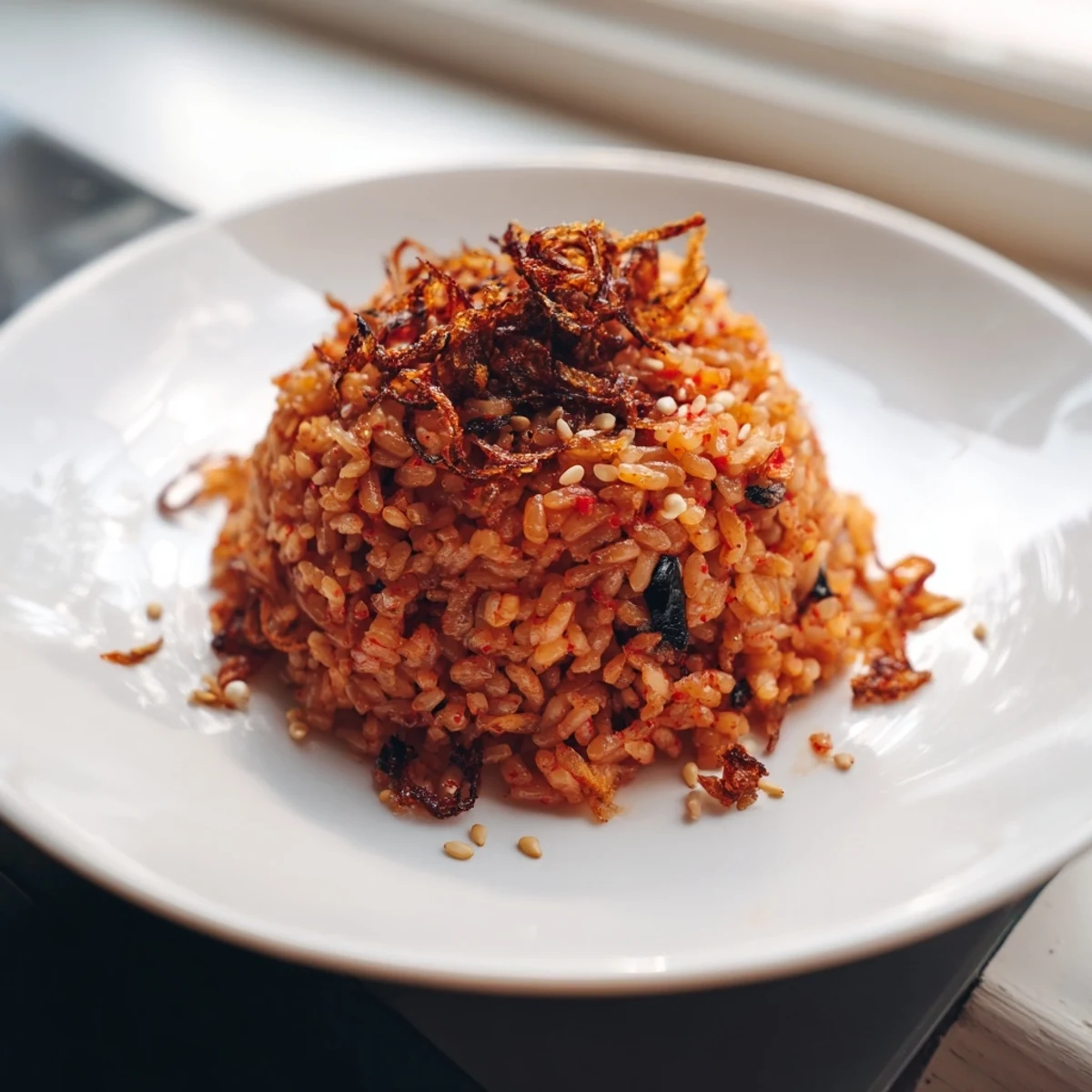 Savory bowl of Kimchi Garlic Fried Rice garnished with green onions and a fried egg.