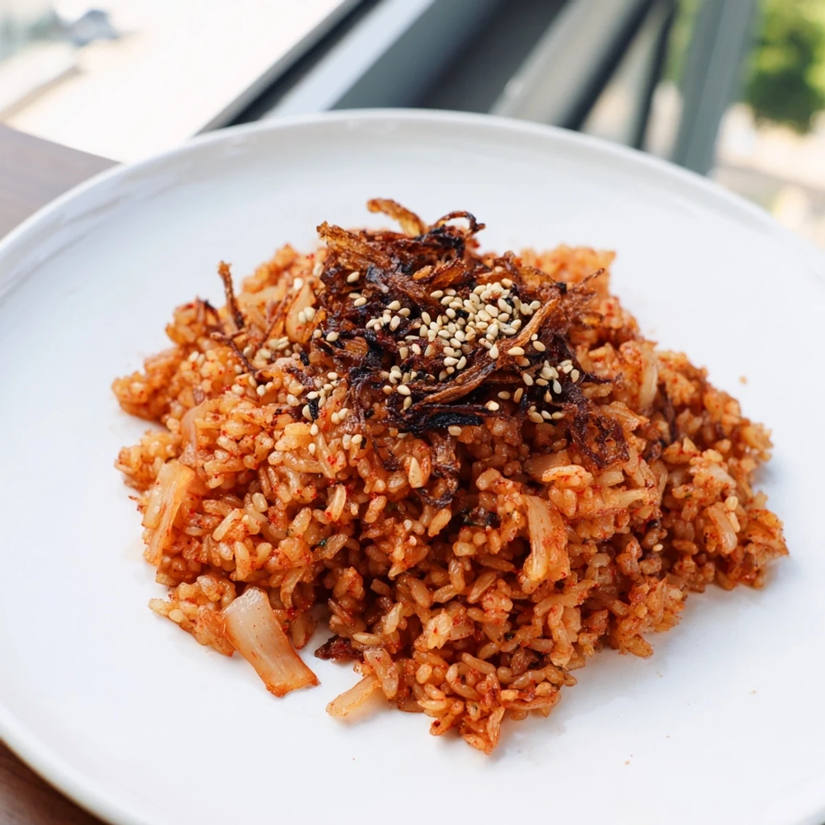 Steamy plate of Kimchi Garlic Fried Rice featuring umami-rich kimchi and crunchy fried shallots.