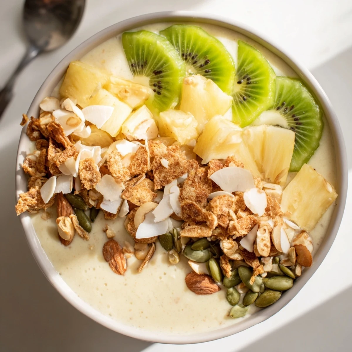 Close-up of a creamy Pineapple Banana Coconut Smoothie Bowl topped with toasted coconut flakes and fresh fruit slices.