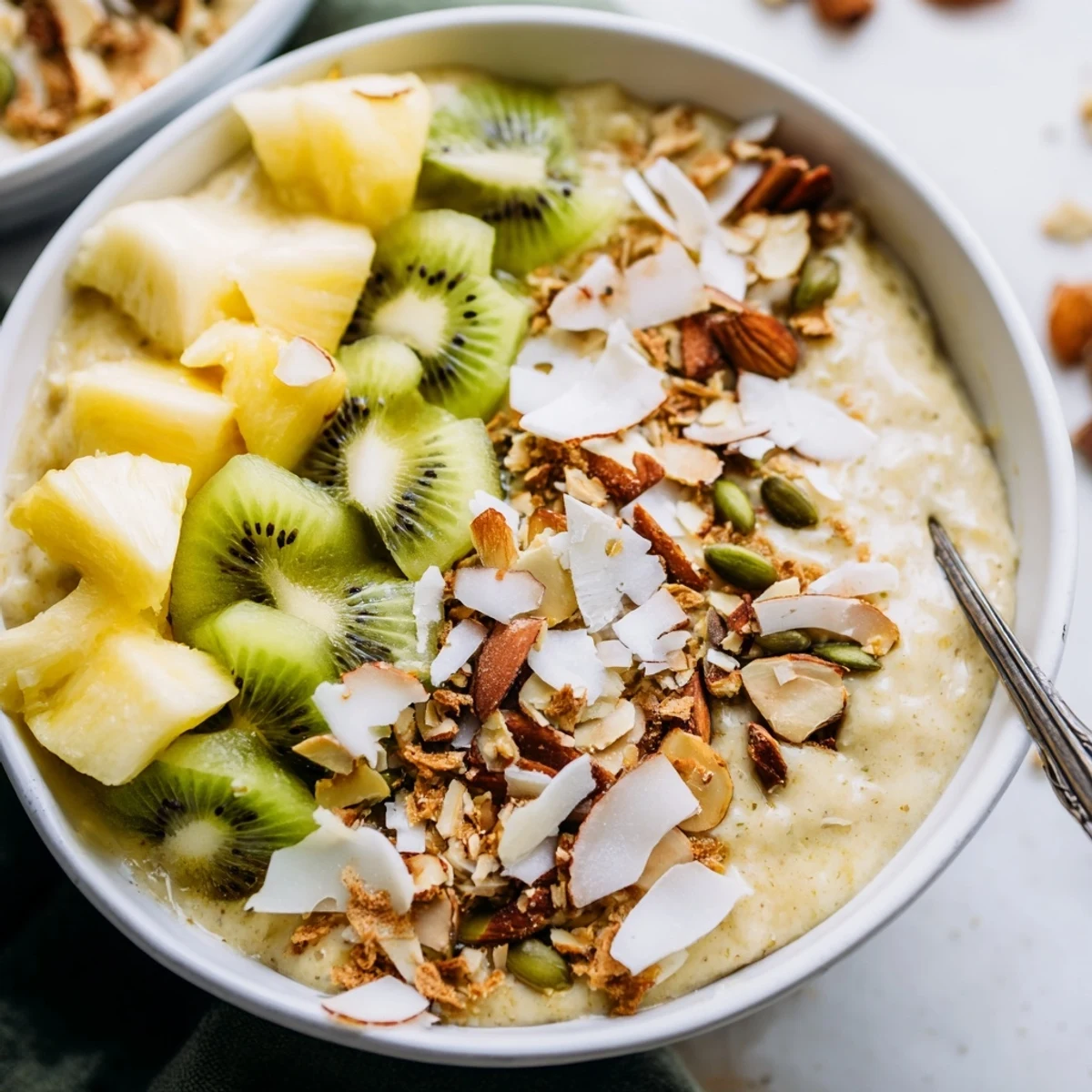 Vibrant smoothie bowl featuring blended pineapple and banana base garnished with crunchy toasted coconut and seeds.