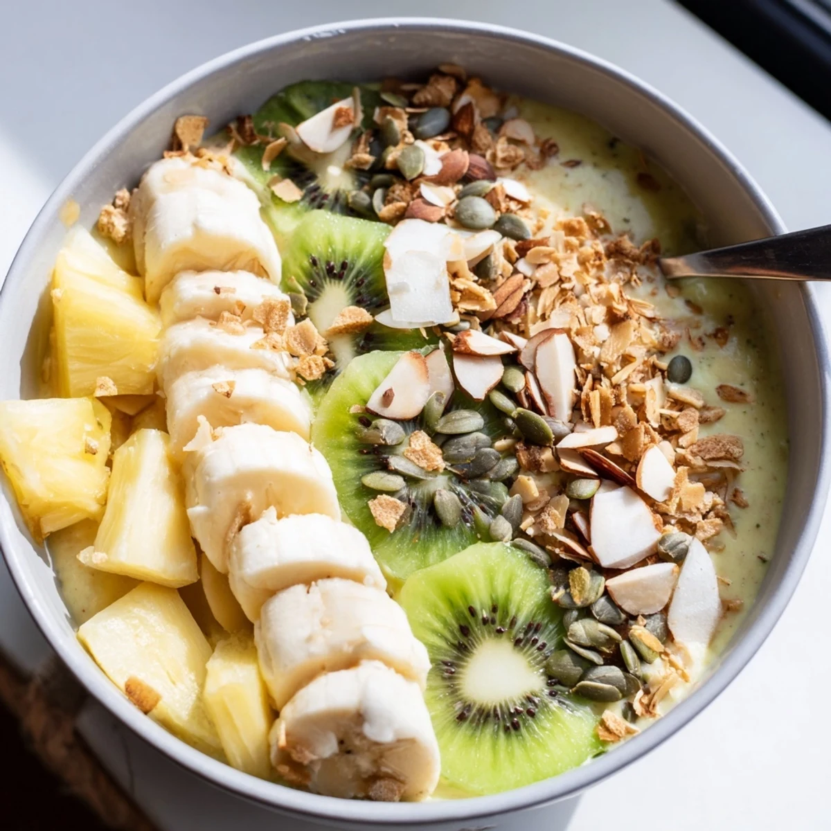 Soothing breakfast bowl showing smooth Pineapple Banana Coconut mix layered with kiwi, berries, and nutty granola crunch.