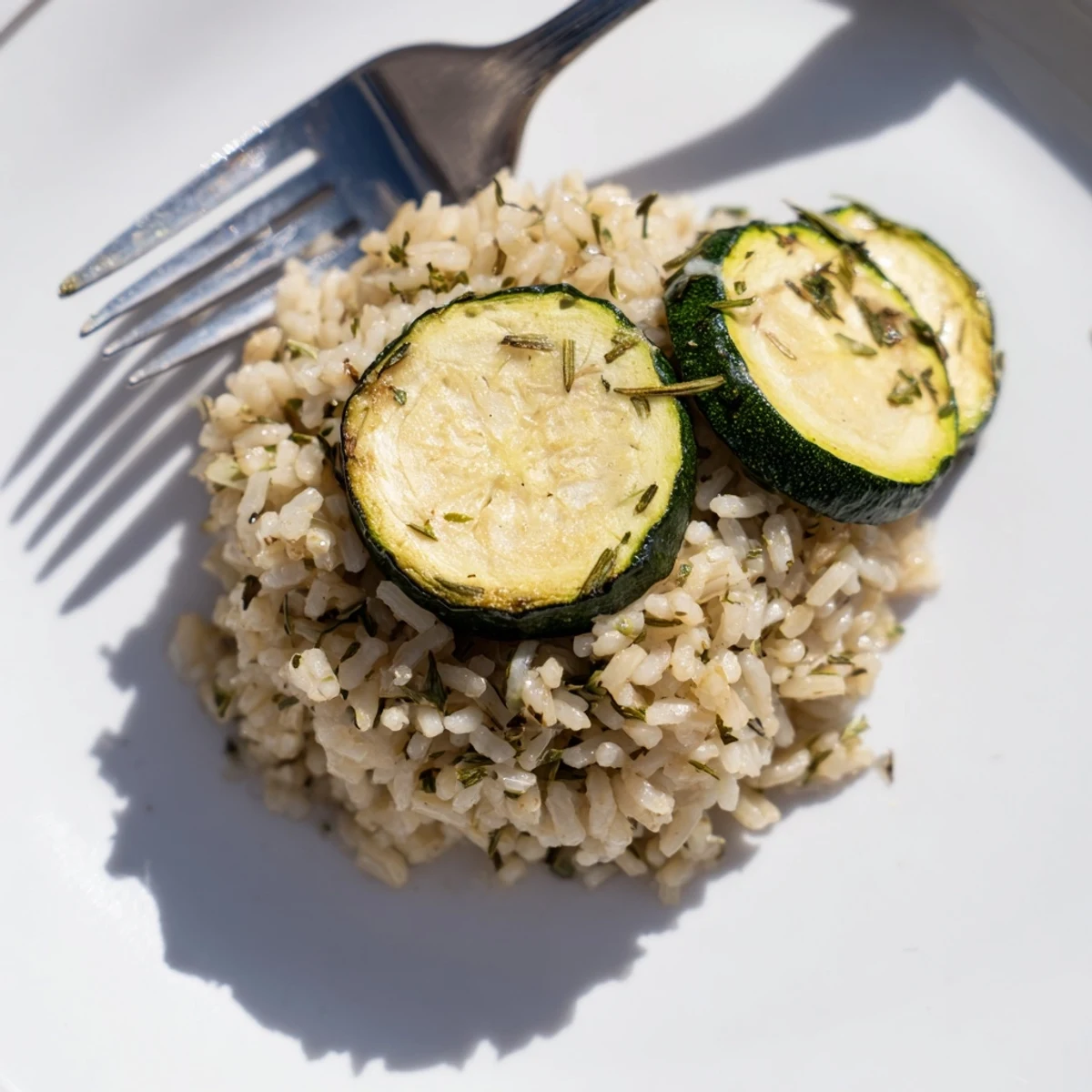 Golden brown rice tossed with bright parsley, roasted zucchini, and lemon zest garnished with fresh herbs in a white bowl
