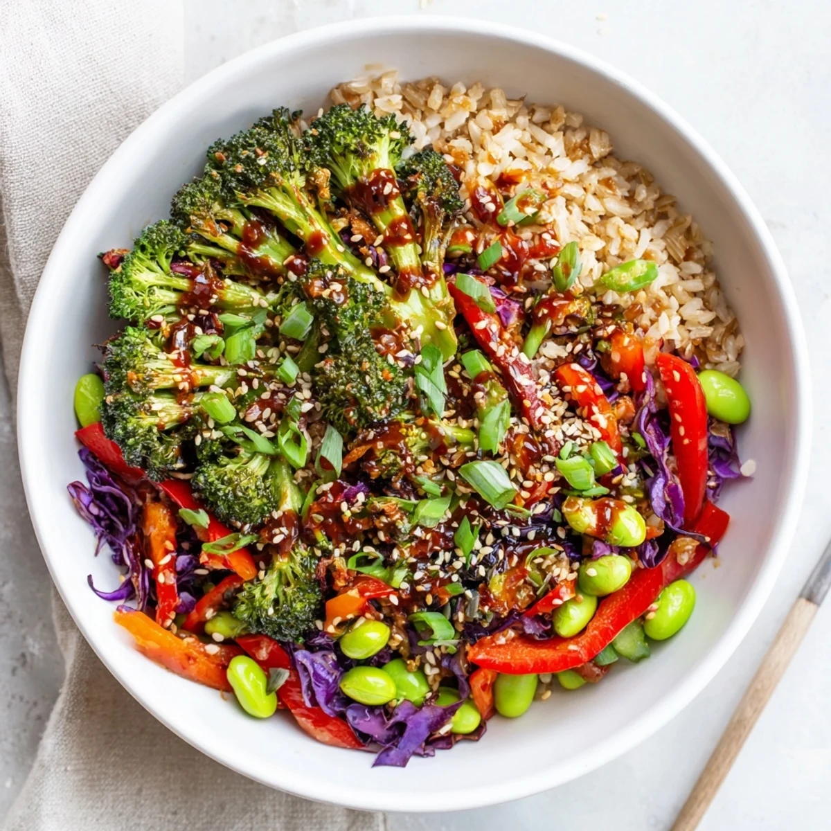 Close-up of spicy chili oil roasted broccoli veggie bowl topped with sesame seeds.