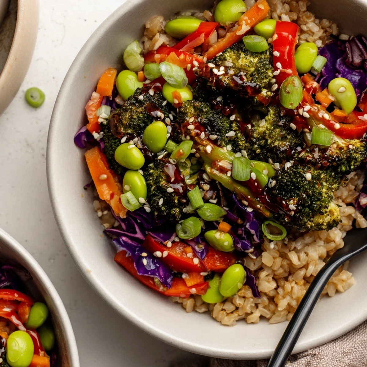Vibrant bowl of roasted broccoli in chili oil served over grains with fresh veggies.