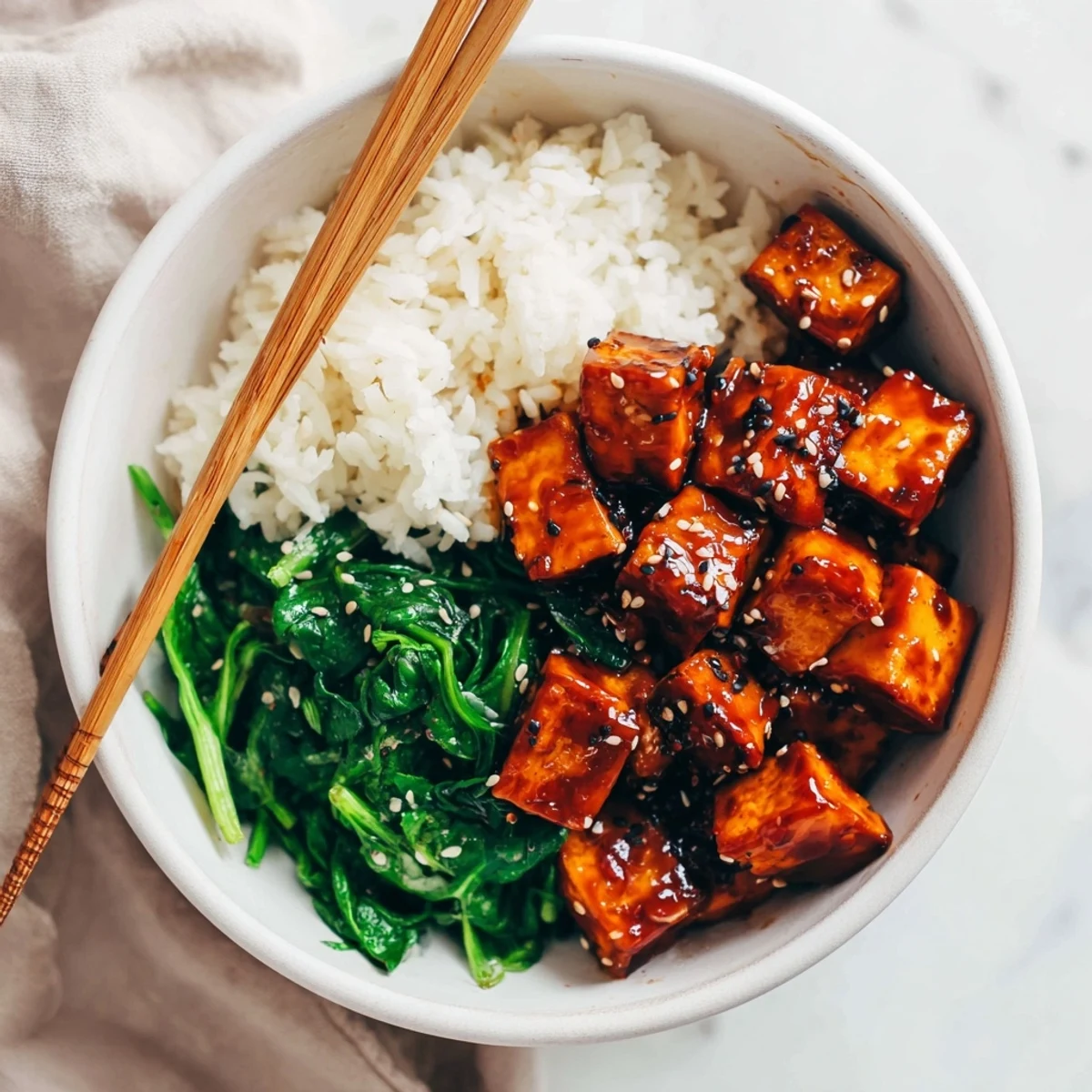 Crispy tofu cubes tossed in tangy orange-soy glaze served over sautéed sesame greens and rice.