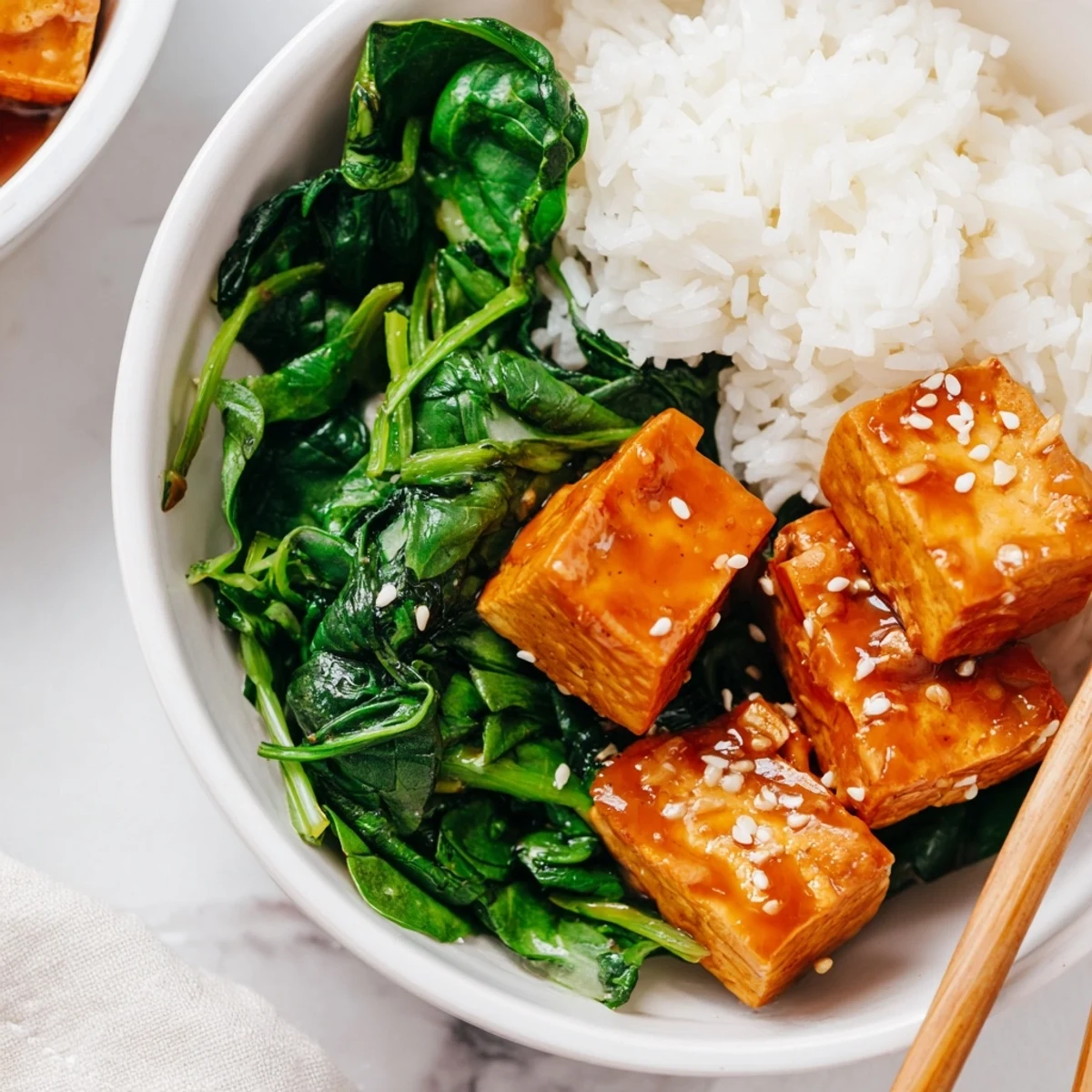 Golden tofu glazed in sticky orange soy sauce atop fluffy rice with vibrant sesame greens.