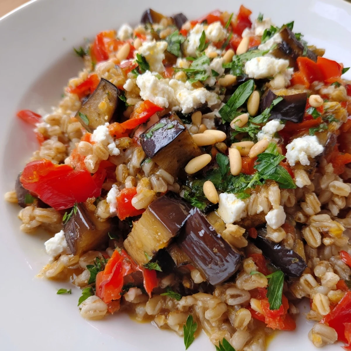 Vibrant Mediterranean roasted eggplant farro grain bowl topped with crumbled feta cheese.  