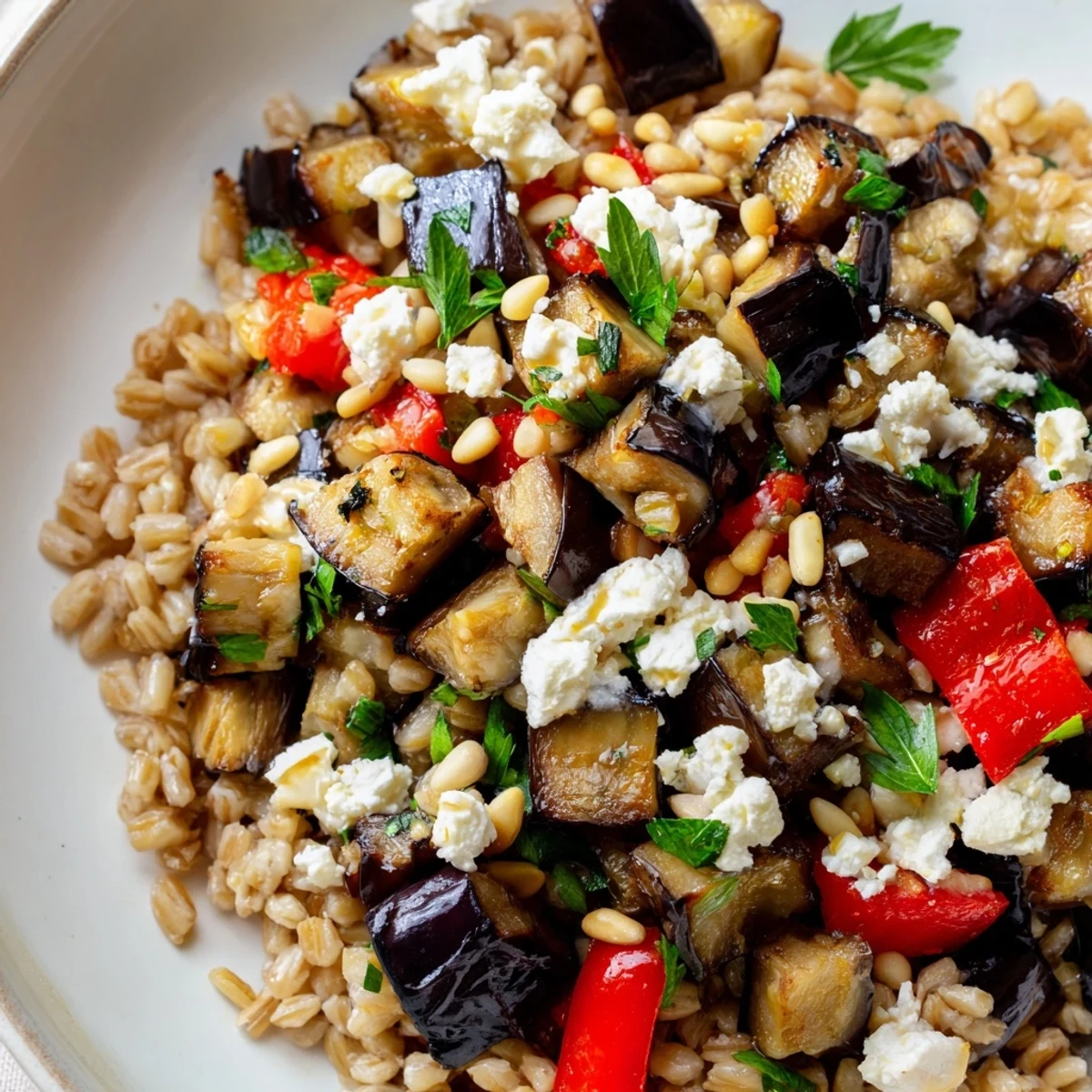 Hearty farro bowl featuring tender roasted eggplant, fresh veggies, and tangy feta.  
