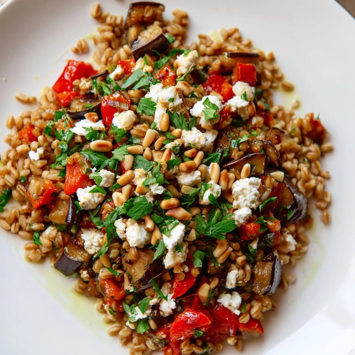 Colorful Mediterranean grain bowl with roasted eggplant, chewy farro, and feta crumbles.