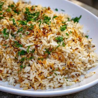 Plated Charred Warm Rice with fluffy grains and smoky bits, garnished with chopped parsley and lemon wedges.