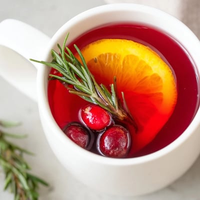 A fine-mesh sieve strains the reddish Cozy Cranberry Herb brew into a rustic mug.