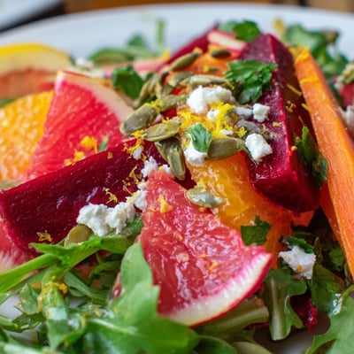 Brightly colored Root Citrus Greens salad served on a white plate, topped with pumpkin seeds and crumbled feta.
