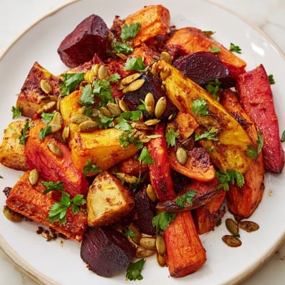 A platter of Spiced Roasted Roots garnished with fresh parsley and toasted pumpkin seeds on a rustic table.