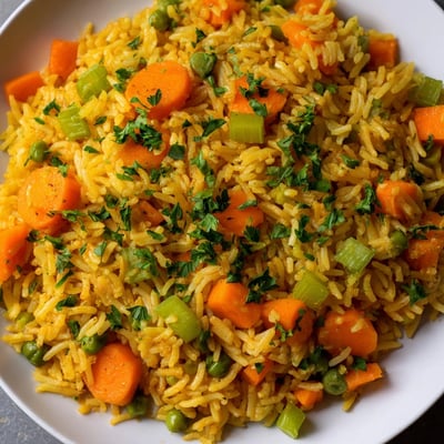 A close-up of Hearth Warm Rice, highlighting tender carrots, peas, and aromatic spices in a cozy side dish. 