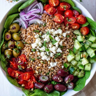 A close-up of Mediterranean Herb Farro Grain Bowl with Marinated Olives showing roasted peppers, cucumbers, and a bright lemon dressing drizzle.