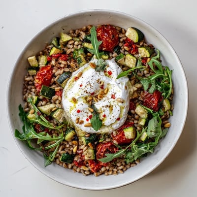 Overhead shot of the Spicy Calabrian Chili Burrata Grain Bowl with Roasted Tomatoes, featuring glistening chili oil drizzled over roasted vegetables and toasted pine nuts.