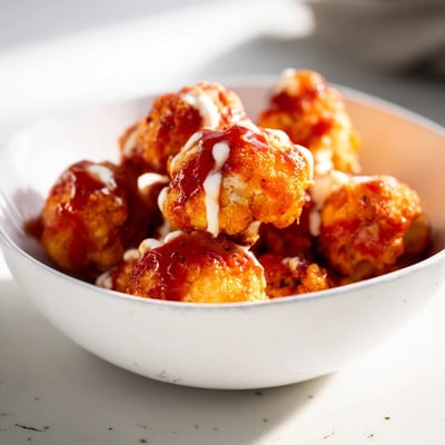 Warm, spicy buffalo cauliflower atop a colorful veggie bowl with creamy ranch drizzle.