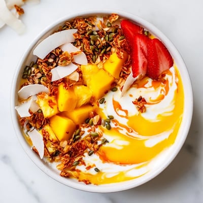 Serving suggestion for the Mango Chamoy Smoothie Bowl topped with toasted coconut flakes, pepitas, and fresh mango slices.
