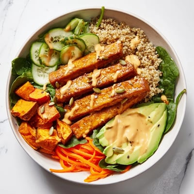 Smoky maple tempeh vegan bowl with golden sweet potatoes and tangy tahini drizzle on quinoa.  
