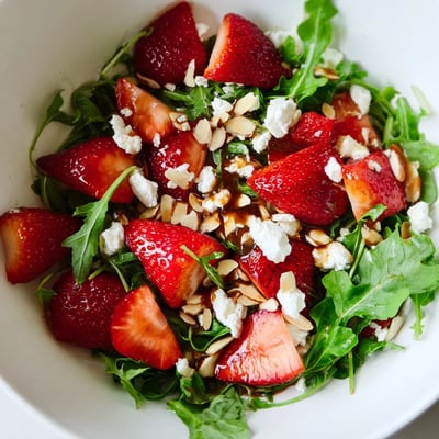 A close-up of the Strawberry Balsamic Arugula Salad Bowl showing crumbled goat cheese and vibrant red onion for a light lunch.