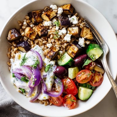 Mediterranean Roasted Eggplant Farro Bowl