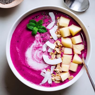 Chilled Dragon Fruit Pineapple Coconut Smoothie Bowl with Almond Crunch garnished with mint.