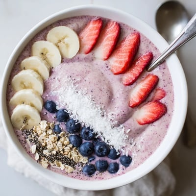 Vibrant Strawberry Blueberry Banana Smoothie Bowl with Coconut Flakes, chilled and spoon-ready.