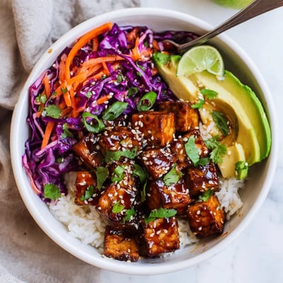 Glazed tempeh over rice in Sticky Ginger Soy Tempeh Vegan Bowl with Sesame Slaw