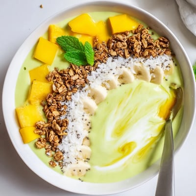 Chilled mint-garnished breakfast bowl, Mango Coconut Matcha Smoothie Bowl with Granola Crunch