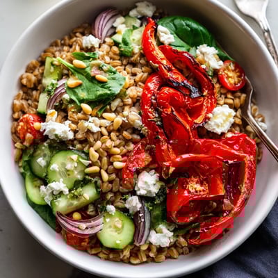 Mediterranean Roasted Pepper Farro Grain Bowl with Feta, nutty farro tossed in lemon-herb dressing