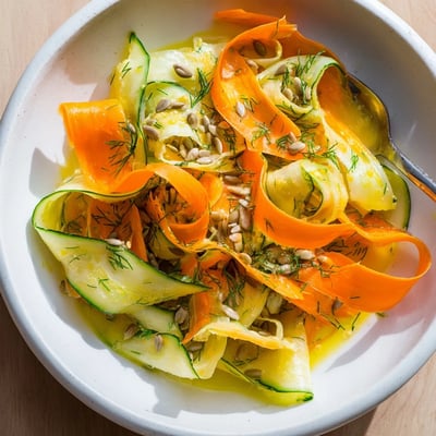 Shaved Cucumber Carrot Dill Salad Bowl with Sunflower Seeds, tossed in lemon vinaigrette.