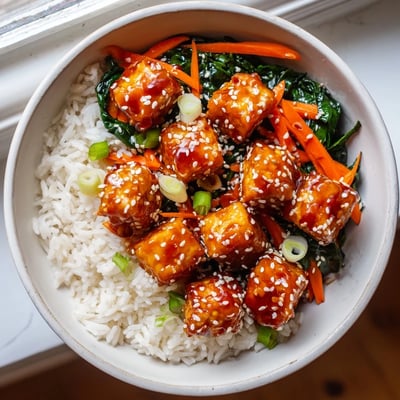 Crispy glazed tofu over steamed rice with vibrant sesame greens and scallions